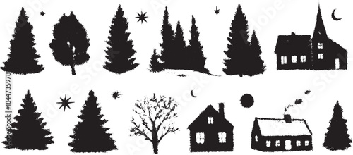 Winter village icons set with black silhouettes of trees and houses. Simple vector illustrations depicting Scandinavian landscape elements.
