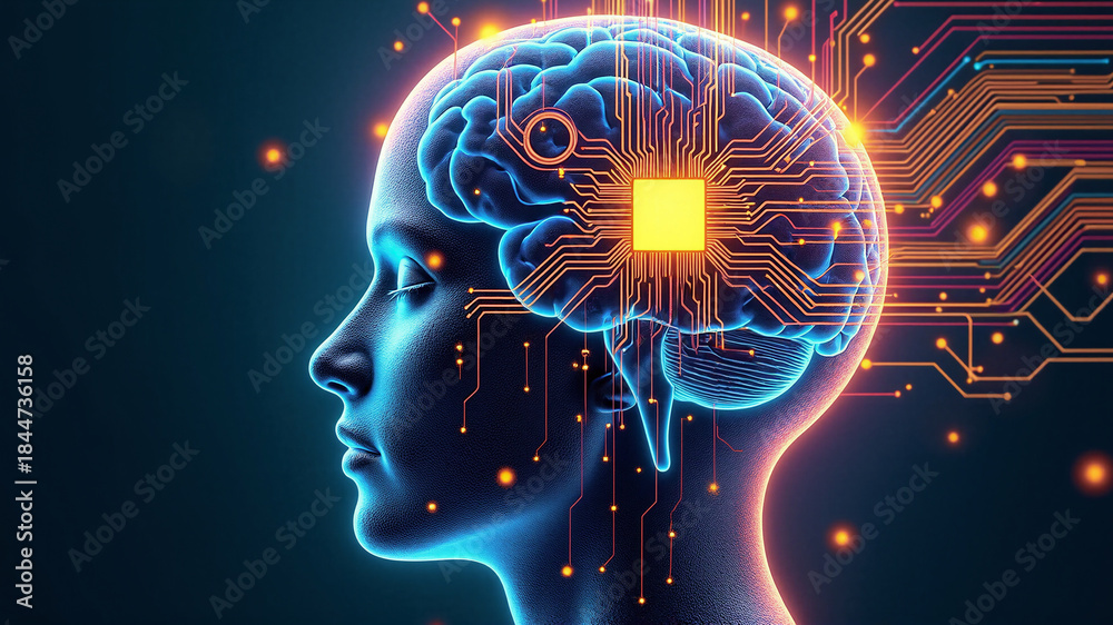 Obraz premium Human microchipping. A head with a brain chip, from which glowing pathways extend. AI generative.