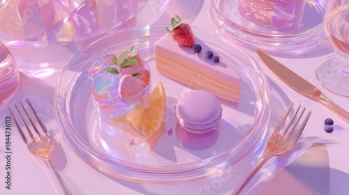 Dreamy pastel desserts with cake, parfait, and macaron on a reflective plate