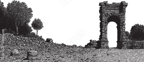 Historic arch monument in black and white. Detailed vector illustration of ruins with trees in a landscape setting.