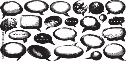 Vector illustration of various chat bubbles in black and white. Simple and flat graphic design set for communication concepts.