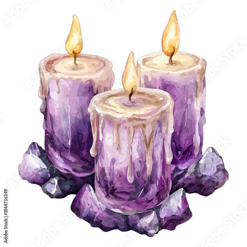 Watercolor Illustration of Purple Candles with Amethyst Crystals
