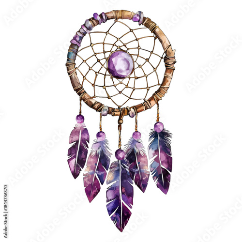 Watercolor Illustration of a Purple Dreamcatcher with Feathers and Crystals
