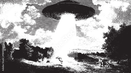 Alien spacecraft above a retro landscape. Black and white vector illustration depicting a mysterious scene with a beam of light.