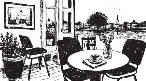 Cafe scene with a table, chair, and view through a window. Black and white vector illustration featuring a plant and cup on the table.