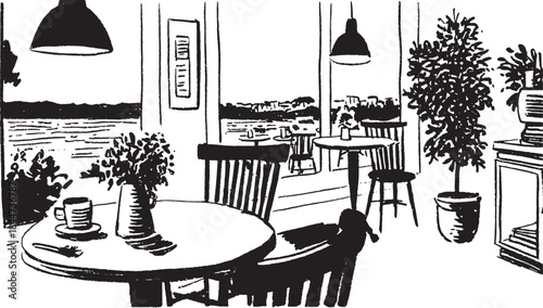 Cafe interior with black and white furniture design. Features tables, chairs, and plants in a cozy environment. Vector illustration.