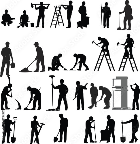 Silhouette collection of various people performing tasks around the house and construction site