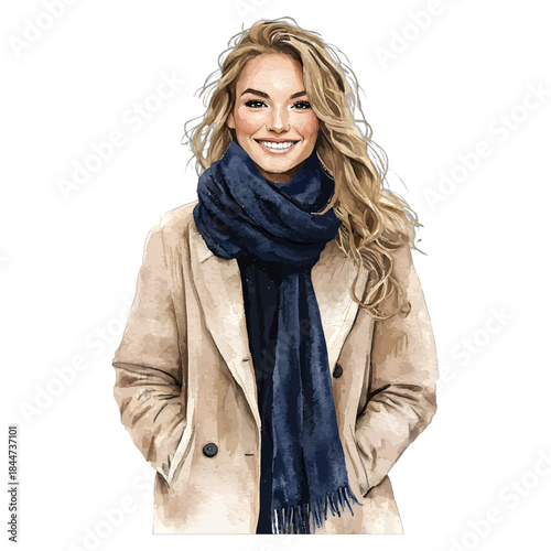 Watercolor Illustration of a Stylish Woman in a Tan Coat and Blue Scarf
