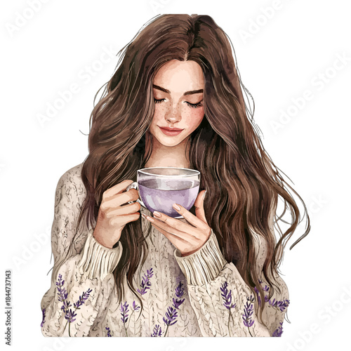 Cozy Woman Enjoying Tea in Knit Sweater with Lavender Details Illustration