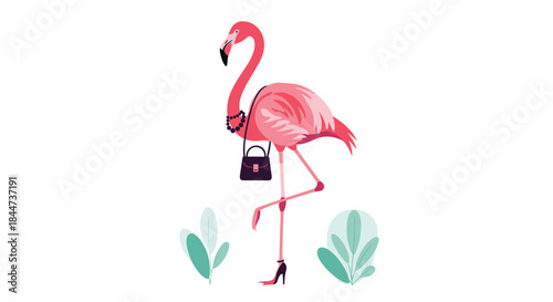 A fashionable and funny pink flamingo character is dressed up with high heels a handbag and a necklace like a fashionista.