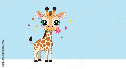 A sweet baby giraffe with huge sparkling eyes holds a flower in its mouth under a shower of colorful floating stars.