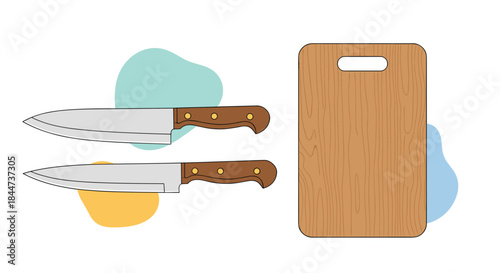 A classic kitchen utensil set featuring two sharp chef knives with wooden handles and a wooden cutting board illustration.