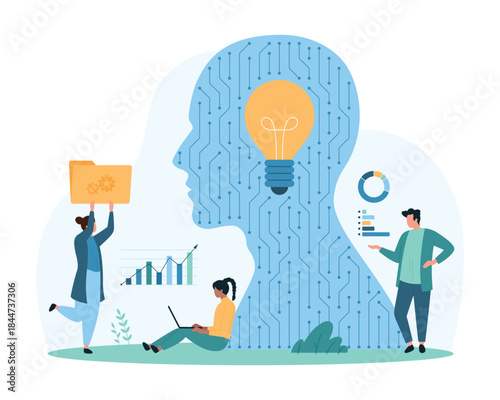 Analytics and creative tech ideas from AI, digital innovation. Tiny people and artificial intelligence work on data research, light bulb inside human head with circuit cartoon vector illustration