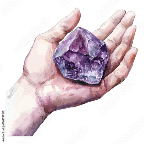 Watercolor hand holding raw amethyst crystal cluster, vector illustration
