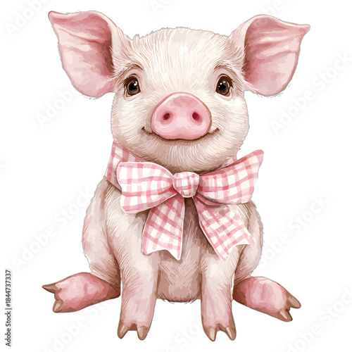 Watercolor cute baby piglet with pink plaid bow tie, vector

