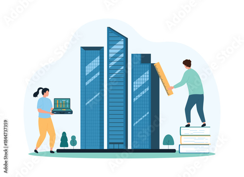 City architecture planning and optimization by architects and engineers, designers. Tiny people work on modern skyscraper project with builders tools, improve building cartoon vector illustration