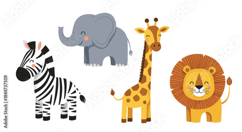 Charming set of cute cartoon jungle animals featuring a happy zebra elephant giraffe and lion isolated on a white background.