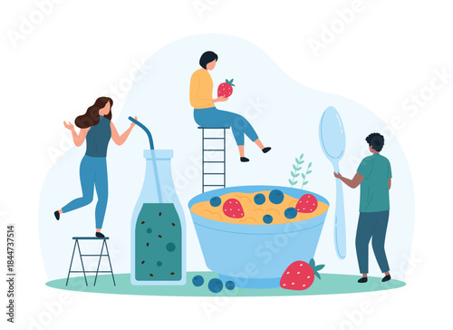 Healthy oatmeal breakfast food and drink. Tiny people holding spoon to eat cereal granola or muesli with fresh strawberry and blueberry, drinking smoothie from bottle cartoon vector illustration