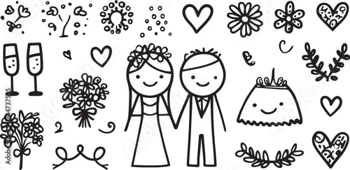 Wedding vector illustration featuring a bride and groom with elements like flowers and hearts in a simple, black and white design set for celebrations.