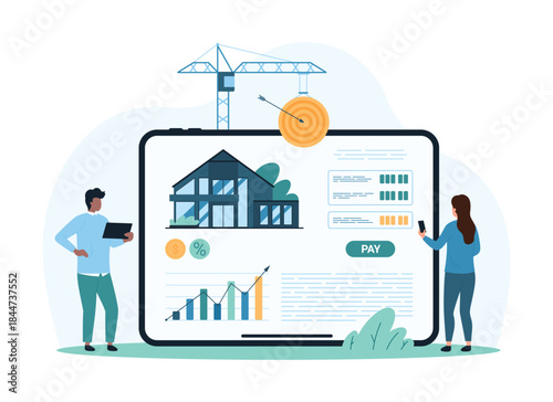 Real estate buy or rent, investment in purchase of property. Tiny people research market offers on tablet screen to choose online and invest money in family home apartment cartoon vector illustration