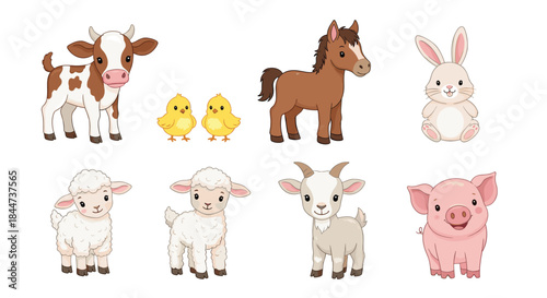 Adorable collection of cute cartoon baby farm animals including a calf chicks horse rabbit lambs goat and a happy piglet.