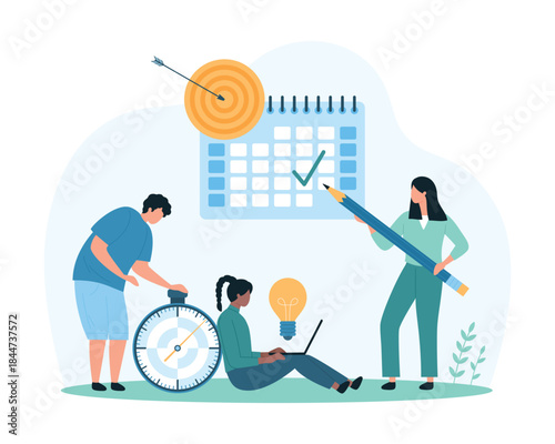 Goal management, organizational planning in calendar. Tiny people check important date and project end with pencil in planner schedule, tracking deadline with stopwatch cartoon vector illustration