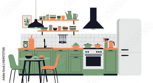 Stylish and modern kitchen interior with green cabinets a dining table refrigerator and various utensils on shelves and countertops.