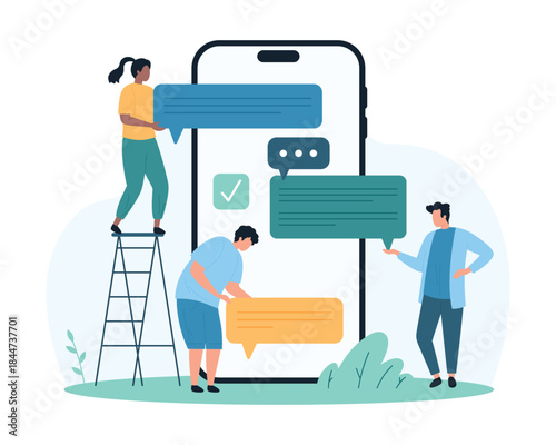 Online conversation in chat mobile application of phone. Tiny people holding messenger speech bubbles to send digital text of SMS and talk with friend on smartphone screen cartoon vector illustration