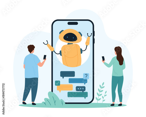 Conversation with chat bot in mobile phone. Tiny people talk with robot with messenger speech bubbles on smartphone screen, automatic marketing of future and users support cartoon vector illustration