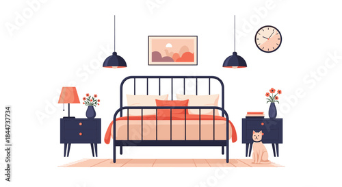 Modern and cozy bedroom interior featuring a stylish bed with pillows bedside tables with lamps and a cat sitting on the floor.