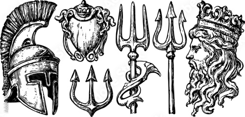 Antique engraving featuring a set of classical elements: silhouette of a helmet, trident, and regal figure in black line drawing vector illustration.