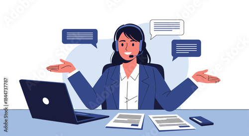 Friendly customer service agent with a headset and laptop managing multiple client chats and providing support from her desk.