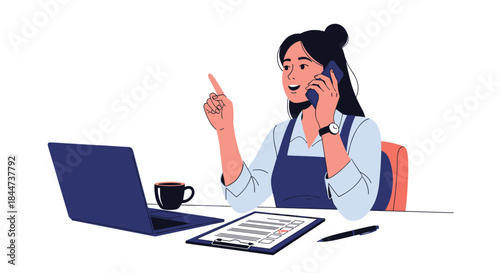 Cheerful young woman working at her desk with a laptop and planner while talking on the phone and pointing her finger up.