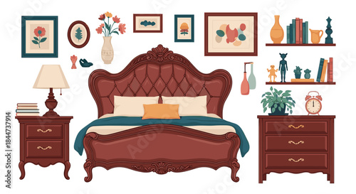 Collection of elegant classic bedroom furniture featuring a luxurious tufted bed wooden nightstands and a dresser with decor.