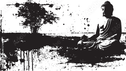 Buddha statue silhouette in black and white, with a tree design. This vector illustration presents a tranquil and spiritual scene.