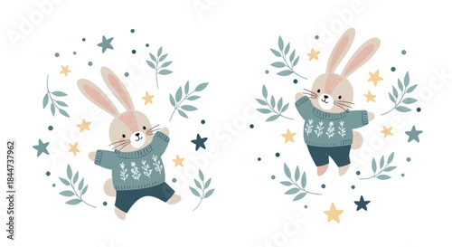 Two adorable cartoon bunnies in cozy sweaters dancing and floating among a whimsical arrangement of leaves and stars.