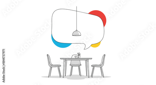 Minimalist line art illustration of a dining table and chairs with a large speech bubble for text in a modern interior.