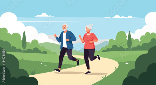 Active senior couple maintaining a healthy lifestyle by jogging together on a scenic path in a lush green park landscape.