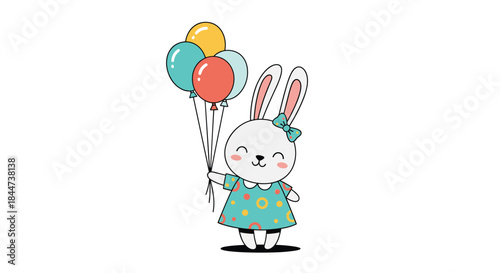 Adorable cartoon bunny girl in a cute dress with a bow on her ear happily holding a bunch of colorful party balloons.