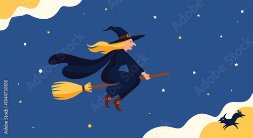Classic Halloween witch with blonde hair and a pointed hat flying on her broomstick across a starry night sky with a bat.