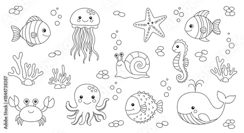 Educational dot-to-dot and coloring page for children featuring a variety of cute and friendly cartoon sea creatures to trace.