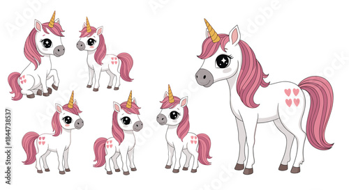 Adorable collection of cute cartoon unicorns with pink manes and tails including a mother and several baby ponies.