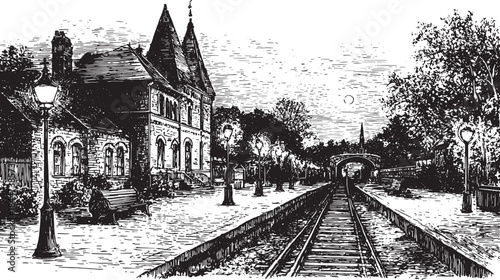 Vintage railway station illustration with building and track. Black and white vector scenery featuring trees, lamps, and benches in an urban setting.