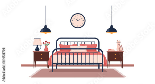 Symmetrical view of a modern bedroom interior with a metal frame bed bedside tables hanging lamps and a cute cat.