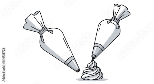 Black and white line art illustration of two pastry piping bags one of which is squeezing out a swirl of frosting or cream.