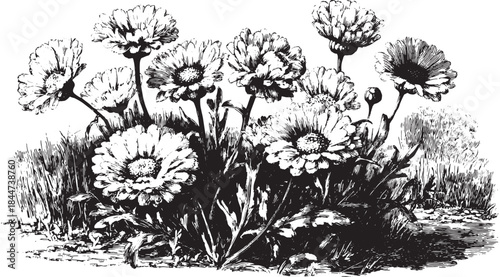 Vintage black and white botanical illustration of flowers. Detailed floral drawing set, featuring intricate texture and fine lines, as a vector illustration.