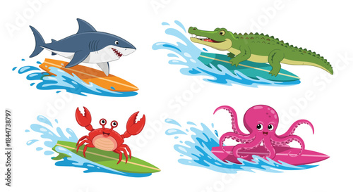 Fun collection of cartoon sea animals including a shark crocodile crab and octopus happily surfing on colorful boards.