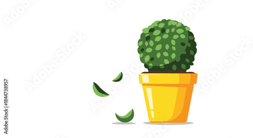 Simple and cute illustration of a round green topiary bush in a bright yellow pot with a few leaves falling off.