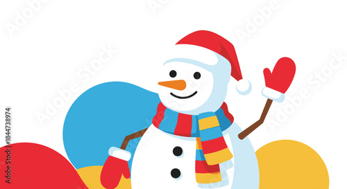 Cheerful and happy snowman wearing a Santa hat scarf and mittens waving a friendly hello for the winter Christmas season.