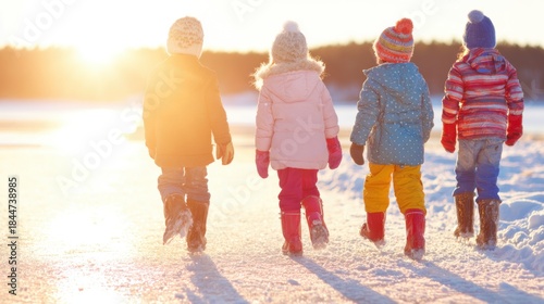 Wallpaper Mural Children walk on snowy ground during sunset in winter season Torontodigital.ca
